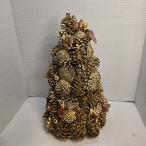 Vintage Gold-painted Tabletop Pinecone Christmas Tree With Red Ribbon Accents